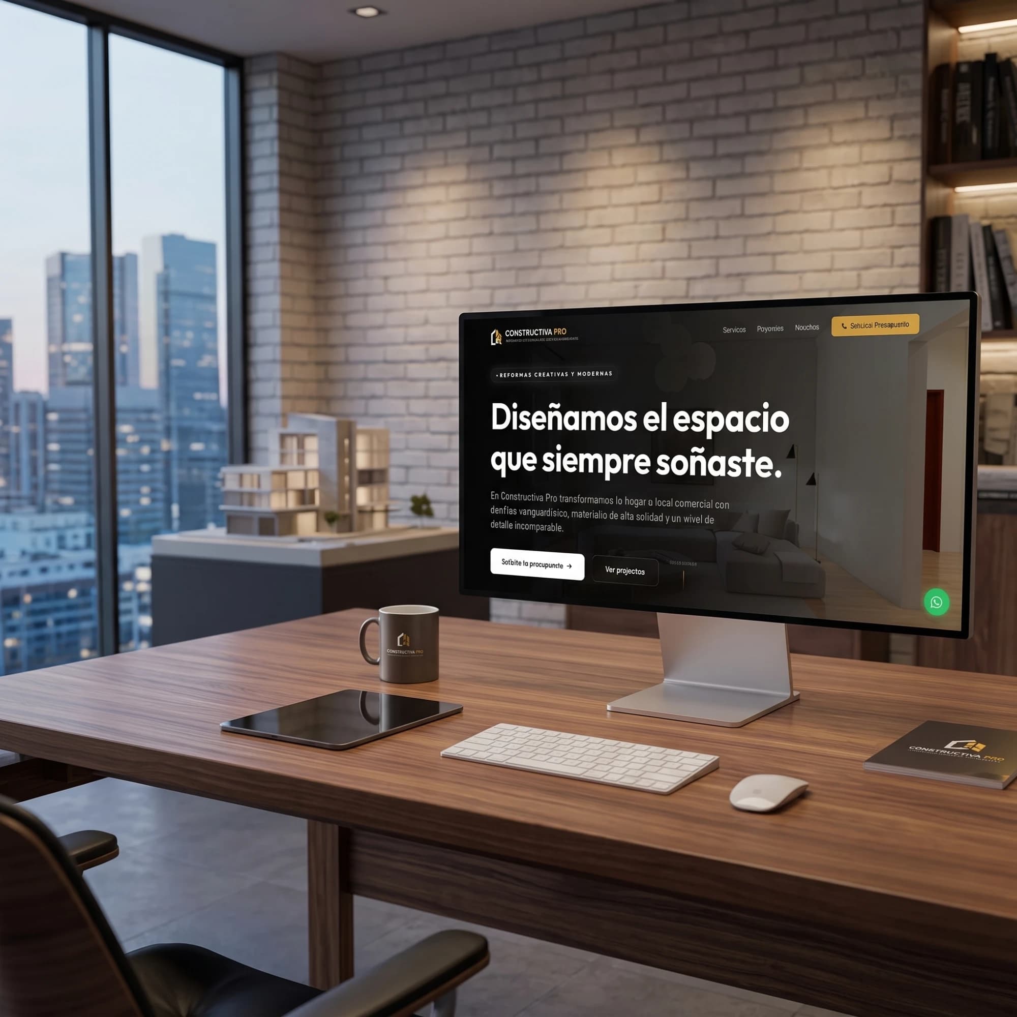 Landing page diseñada por CODEX BLUE para la empresa de reformas Constructiva Pro en Madrid, mostrada en un monitor en una oficina